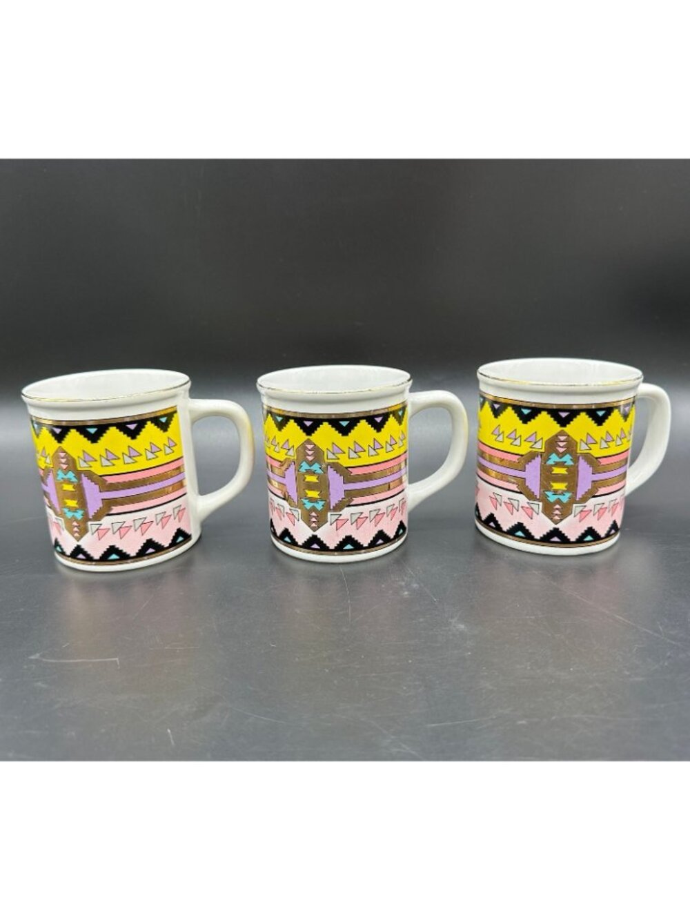 Vintage Mugs southwest Aztec Ceramic Japan Pink Yellow Purple Gold Cups Set of 3 - Picture 2 of 10